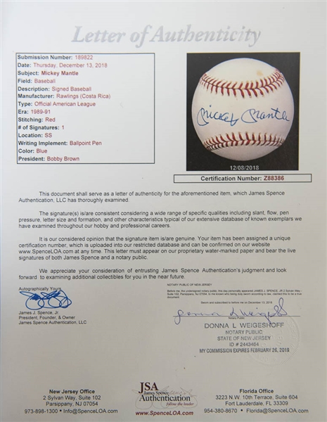 Mickey Mantle Signed American League Baseball - JSA LOA