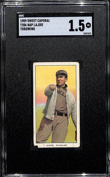 SCARCE ERROR 1909 T206 Napoleon Lajoie Throwing Sweet Caporal Card - SGC 1.5 - FACTORY OVERPRINT ERROR (UPSIDE DOWN) ON BACK OF CARD!