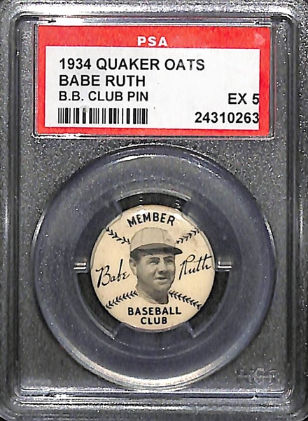 1934 Quaker Oats Babe Ruth Baseball Club Pin Graded PSA 5 (EX)