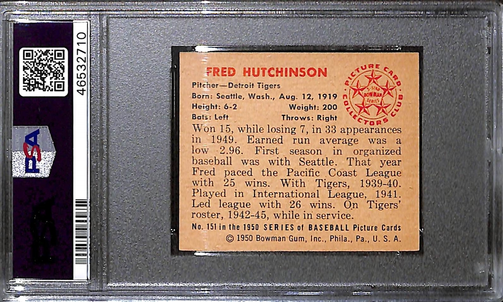 RARE High-Grade 1950 Bowman Fred Hutchinson (#151) Graded PSA 9 