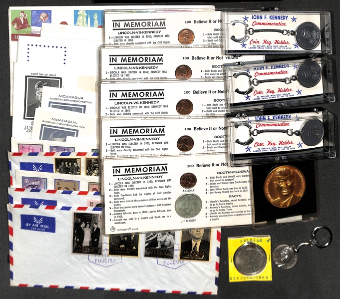 John F. Kennedy Memorabilia Lot - Stamps, First Day Covers, Coins, Keychains