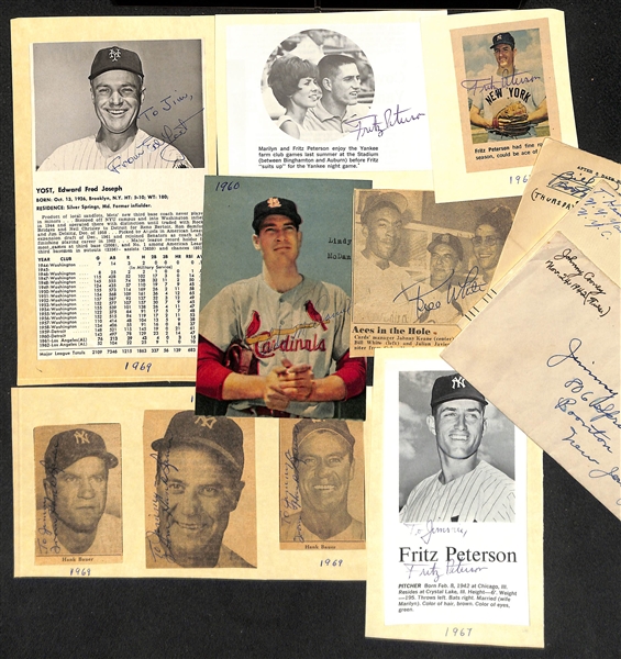 Lot of (20) Autographs Including (3) 1940s Return TTM Envelopes to Uncle Jimmy (Johnny Cooney, Tom Henrich, Bill Posedel) and Mel Allen Photo