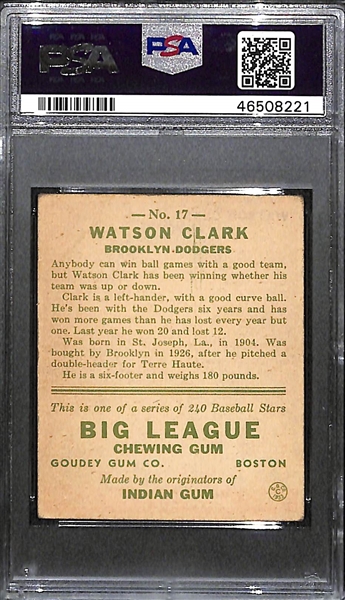 1933 Goudey Watty Clark #17 PSA 4 (Autograph Grade 8) - Only 1 Graded Higher - Only 3 PSA/DNA Exist (d. 1972)