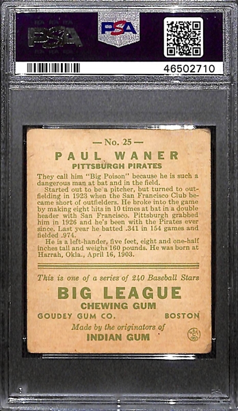 1933 Goudey Paul Waner (HOF) #25 PSA Authentic (Autograph Grade 8).  Only One Graded Higher - Only 5 Exist! (d. 1965)
