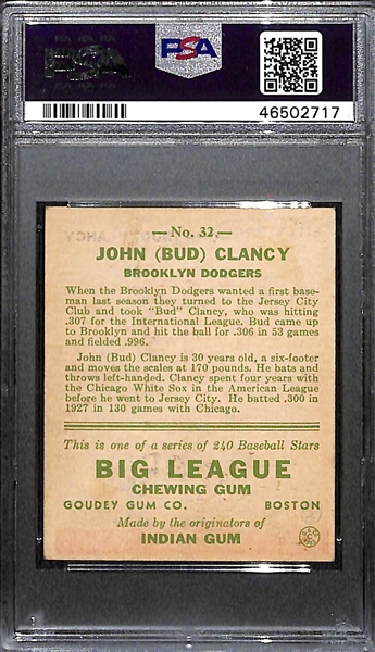 1933 Goudey Bud Clancy #32 PSA 2.5 (Autograph Grade 9) - Highest Grade (Pop 1) - Only 2 Exist (Other One is Authentic)