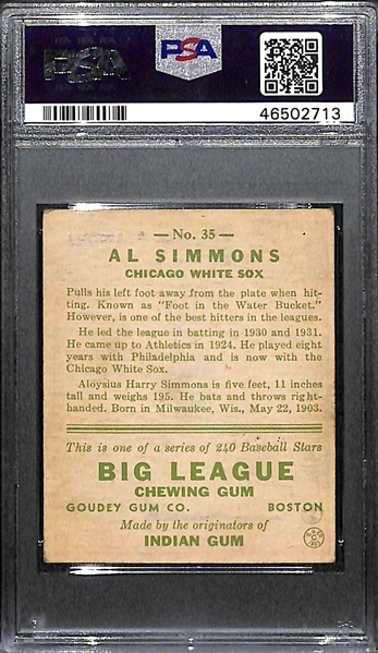 1933 Goudey Al Simmons (HOF) #35 PSA 4 (Autograph Grade 8) - Pop 1 (Highest Grade by Far!) - d. 1956