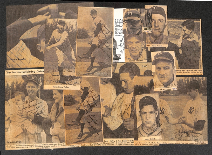 Lot of (14) Signed 1940s-50s Newpaper Clipping - Yankees Inc. Hassett, Selkirk, Lindell, Donald, Russo, Rosar, and Pearson