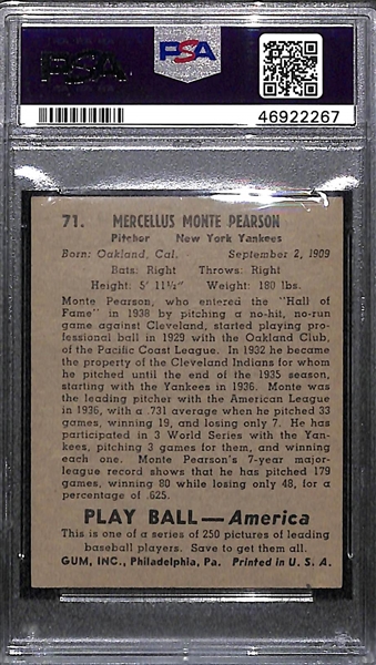 RARE 1/1 1939 Play Ball Monte Pearson #71 PSA 1.5 (Autograph Grade 9) - ONLY ONE PSA Example EXISTS!