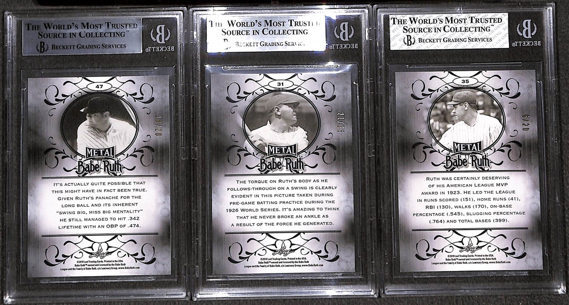 Lot of (3) 2019 Leaf Metal Babe Ruth #ed and Graded Cards - Purple (#21/25) BGS 8.5, Pink (#18/20) BGS 8.5, and Purple Wave (#6/20) BGS 8