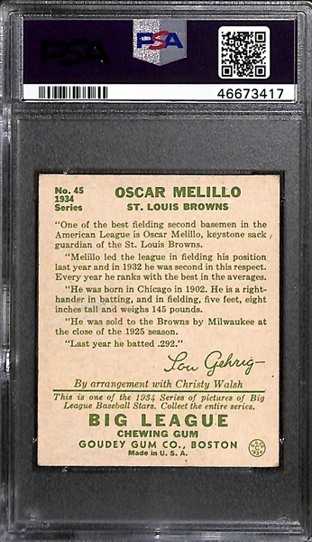 1934 Goudey Oscar Melillo #45 PSA 5  (Autograph Grade 8)  - Pop 1 - Highest Grade of Only 3 PSA Examples - (d. 1963)