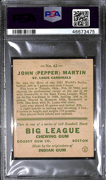 1933 Goudey Pepper Martin #62 PSA 5 (Autograph Grade 7) - Pop 2 - Highest Grade of Only 9 PSA Examples - (d. 1965)