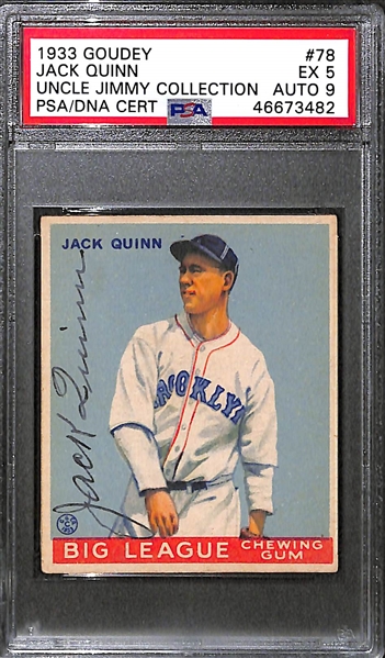 1933 Goudey Jack Quinn #78 PSA 5 (Autograph Grade 9) - Pop 1 - Highest Grade of Only 4 PSA Examples - (d. 1946)