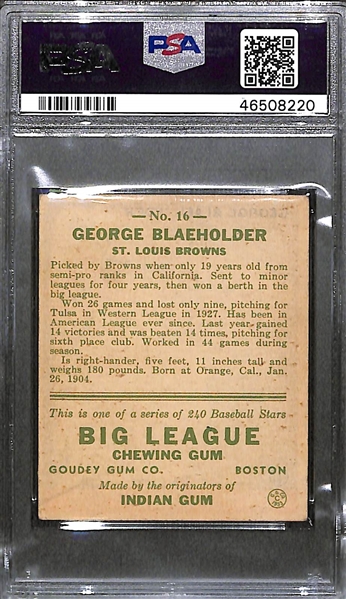 1933 Goudey George Blaeholder #16 PSA 4 (Autograph Grade 6) - Pop 1 - Highest Grade of Only 5 PSA Examples - (d. 1947)