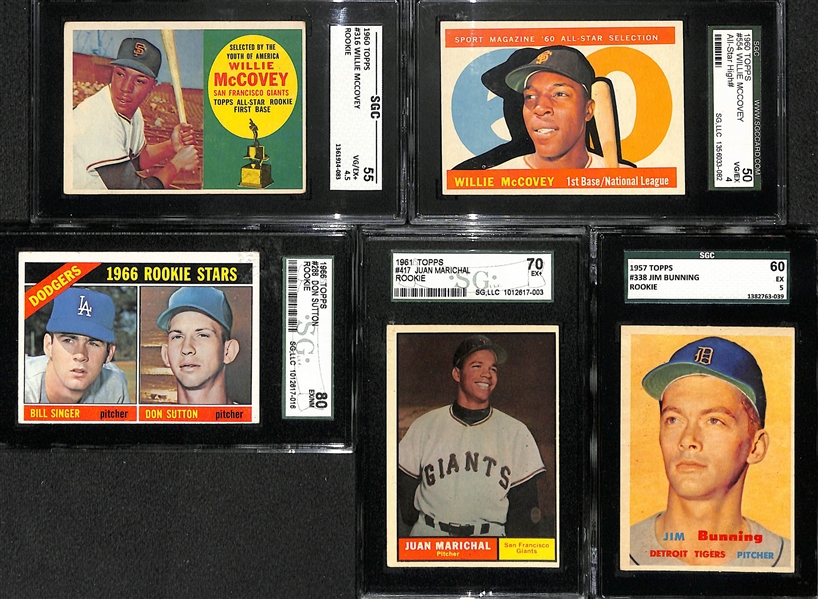 Lot of (5) 1950s and 60s Rookie Baseball Cards (SGC Graded) w. McCovey, Sutton, Bunning and Marichal