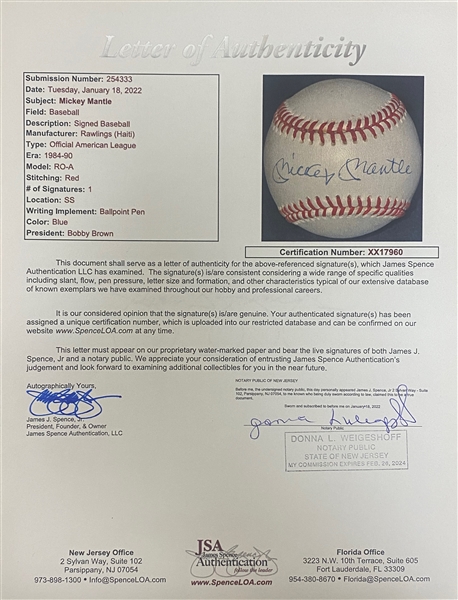 Mickey Mantle Single Signed Baseball - JSA LOA