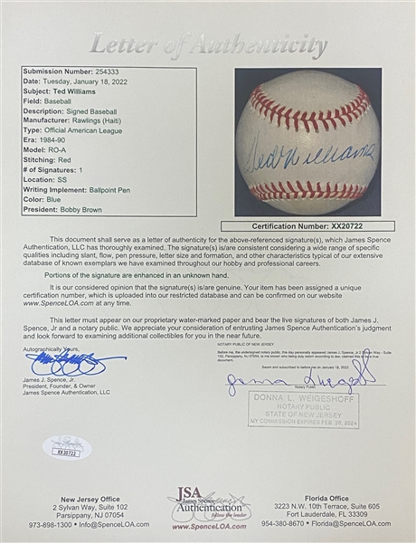 Traced/Enhanced Ted Williams Signed Rawlings Official American League Baseball  - JSA LOA