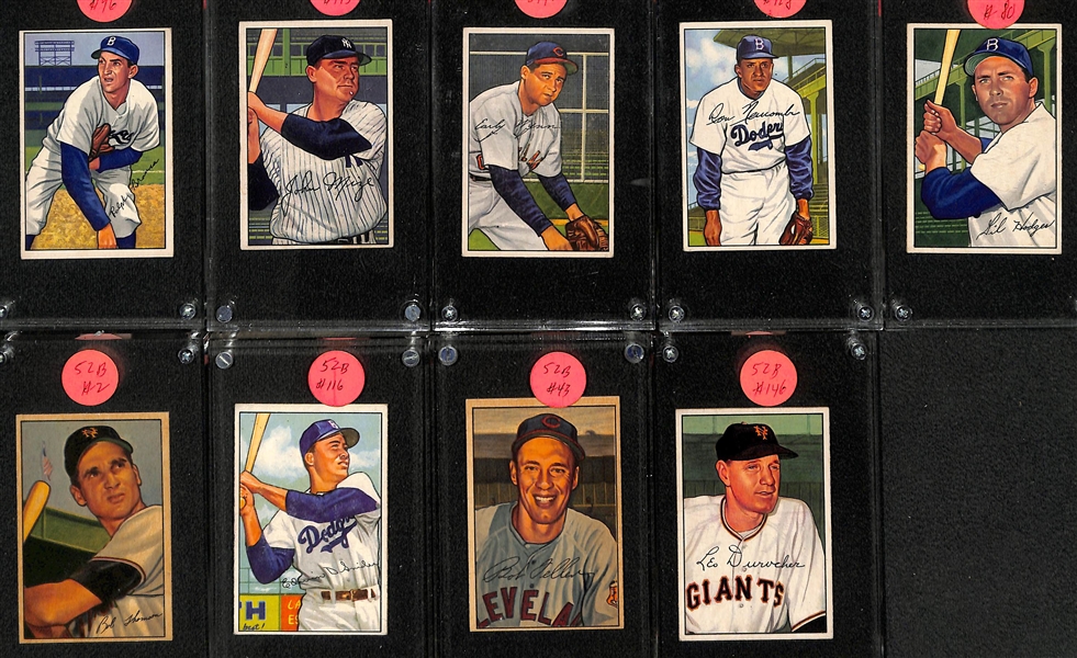 Lot of (57) 1952 Bowman Baseball Cards (Many VG-EX+) w. Duke Snider, Feller, Reese, Durocher, Thomson, Hodges, Newcombe, Mize, + 