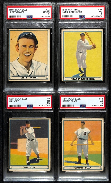 1941 Play Ball Near Complete Set (69 of 72 Cards - Missing 3 Cards Lotted Above) w. 4 PSA Graded Cards (Foxx PSA 3, Greenberg PSA 3, Gomez PSA 2, Ott PSA 1.5)