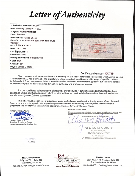 Jackie Robinson Signed Bank Check (Full JSA Letter) w. Signed Letter From Rachel Robinson (JSA COA)