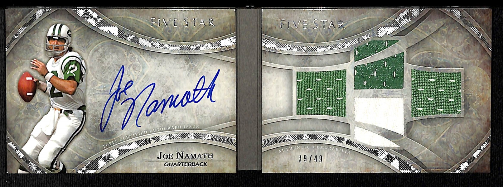 2014 Topps Five Star Joe Namath NY Jets Booklet Autograph 4-Piece Jersey Relic Card (#ed 39/49) w. On-Card Auto!