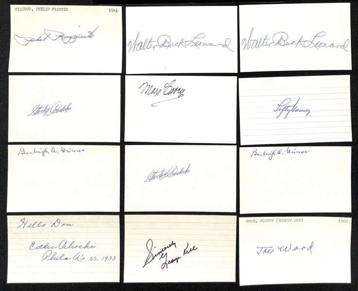Lot of (150+) Baseball Autographed Index Cards w. Phil Rizzuto, Warren Spahn, Ford Frick, Danny Thompson and Others (JSA Auction Letter)