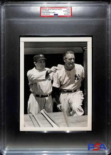 Type 1 Lou Gehrig and Joe McCarthy Dugout Image (c. 1930s) w. Acme Newspapers Stamp (PSA/DNA Slabbed w. Full Letter)