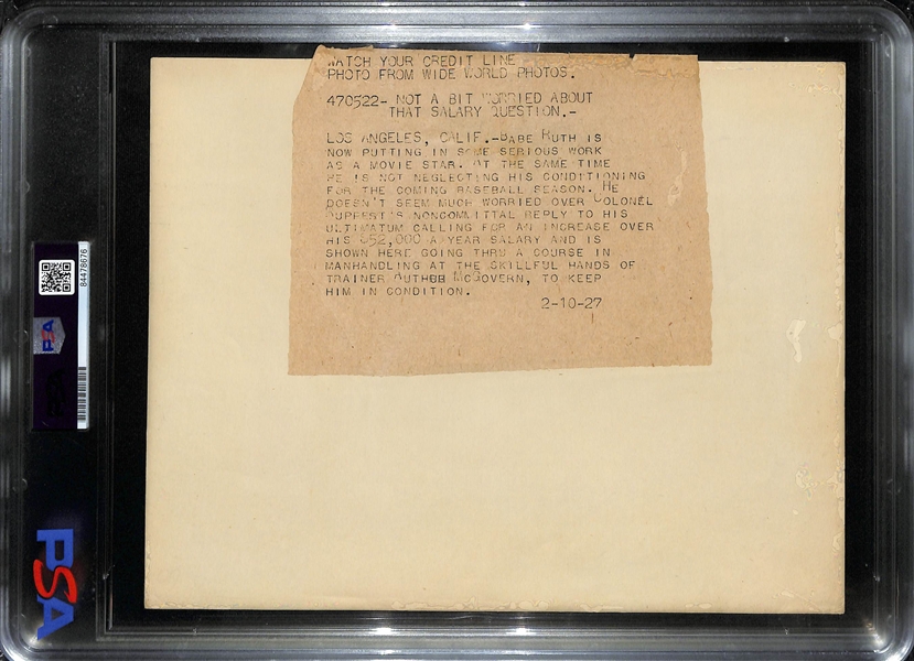 1927 Babe Ruth Type 1 Photo (PSA/DNA Slabbed w. World Wide Photos Caption w. Note of $52,000 Salary Complaint - Dated 2-10-1927)