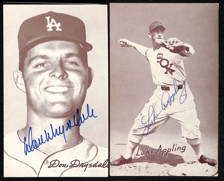 (13) Signed Dodgers and White Sox Exhibit Cards w. Snider, Drysdale, Appling, Aparicio, Newcombe and Others (JSA Auction Letter)