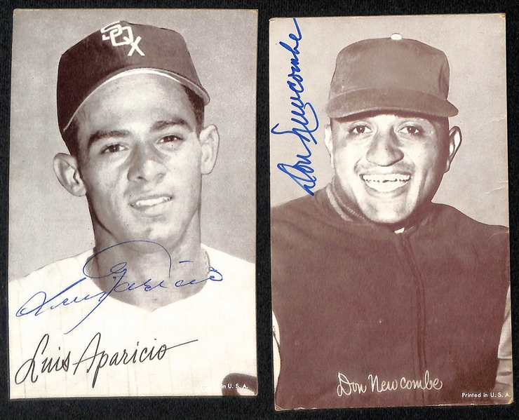 (13) Signed Dodgers and White Sox Exhibit Cards w. Snider, Drysdale, Appling, Aparicio, Newcombe and Others (JSA Auction Letter)