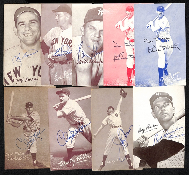 (9) Signed New York Yankees Exhibit Cards w. Berra, Lopat, Skowron, Dickey and Others (JSA Auction Letter)