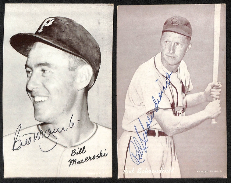 (11) Signed Pirates and Cardinals Baseball Exhibit Cards w. Slaughter, Boyer, Kiner, Mazeroski and Others (JSA Auction Letter)
