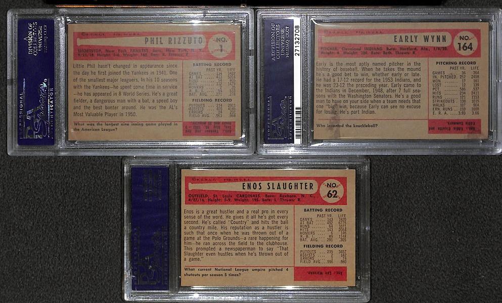 Lot of (3) 1954 Bowman PSA Graded Cards - Rizzuto #1 (PSA 7), Wynn (PSA 6), Slaughter (PSA 6)