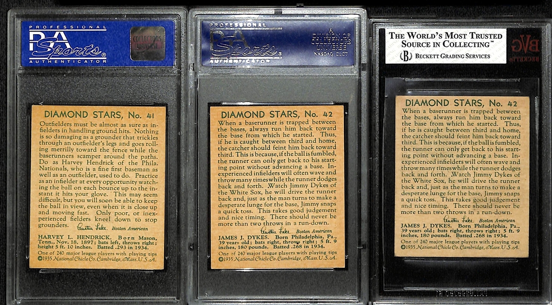 1935 Diamond Stars Harvey Hendrick # 41 PSA 7, and (2) Jimmy Dykes # 42 BVG 7 and PSA 7