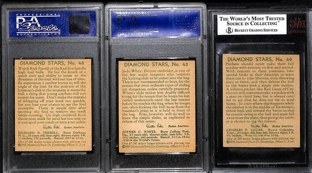 Lot of (3) 1935 Diamond Stars w. Rick Ferrell # 48 PSA 7 (OC), Jo Jo White # 45 PSA 7, and Red Lucas # 46 BVG 8