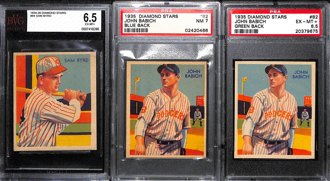 1935 Diamond Stars Sam Byrd # 84 Graded BVG 6.5 and (2) John Babich Graded PSA 6.5 & 7