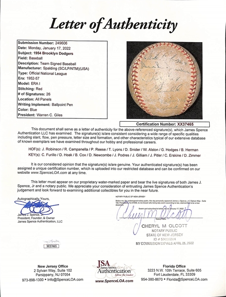 1954 Brooklyn Dodgers Team-Signed Baseball - 26 Real Autographs (8 HOFers w. Jackie Robinson, Roy Campanella, T. Lyons, D. Snider, Reese, Alston, G. Hodges, B. Herman) - Full JSA Letter!
