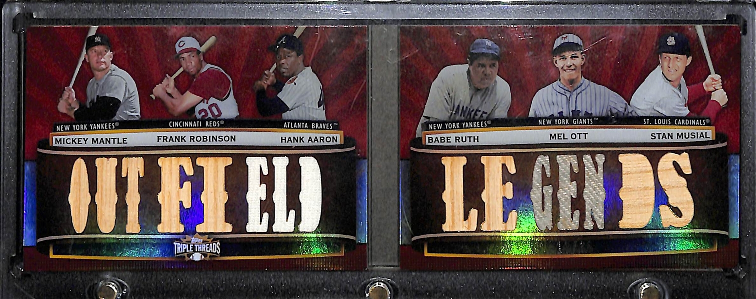 2011 Topps Triple Threads Outfield Legends Relic Booklet Card w. Bat/Jersey Pieces of Mickey Mantle, Babe Ruth, Aaron, F. Robinson, Ott, Musial #13/36