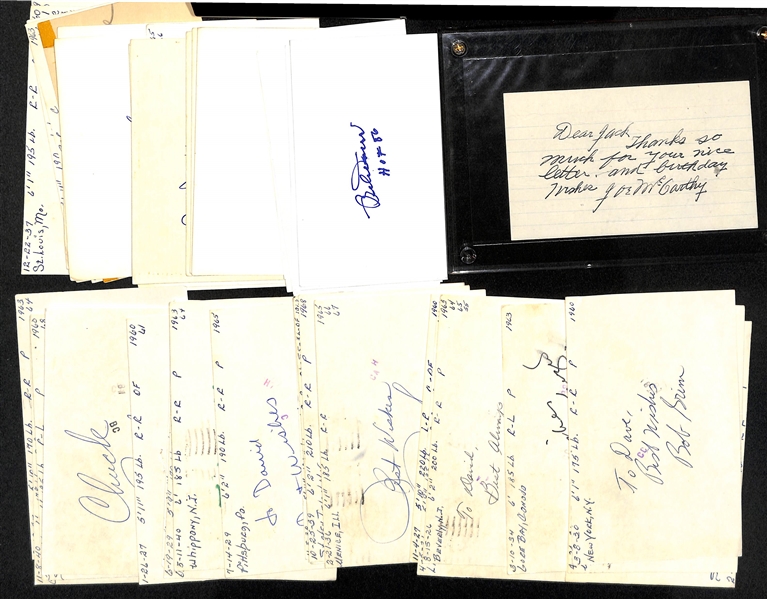 Lot of (40+) Autographed Baseball Index and Post Cards w. Joe McCarthy, Bobby Doerr and Others (JSA Auction Letter)