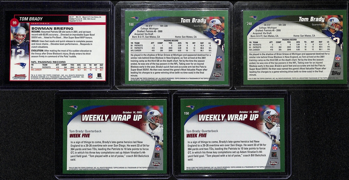 Lot of (5) 2002 Tom Brady Cards, Inc. Topps Chrome #100, Bowman Chrome #99, (2) Topps Chrome #150, Topps #248