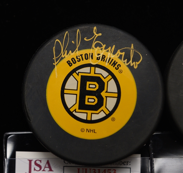 Signed Hockey Pucks - Gordie Howe (Red Wings Puck) & Phil Esposito (Bruins Puck) - Both w. JSA COAs