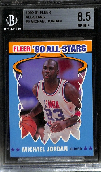 Basketball Card Lot - 2002 Ultimate Iverson Patch (#11/100), 1997 Finest Iverson Refractor, 1990 Fleer Jordan Sticker BGS 8.5, 2019 Prizm Silver Antetokounmpo PSA 9