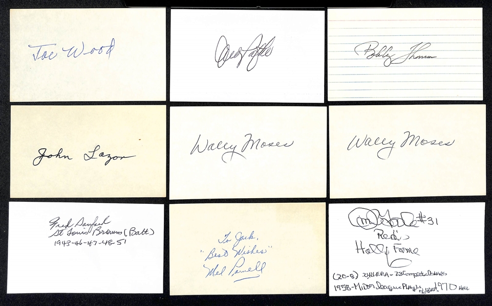 Lot of (180+) Signed Vintage Index Cards w. Joe Wood, Bobby Thomson, Andy Pafko, Johnny Mize, Sandy Amoris, + (JSA Auction Letter)