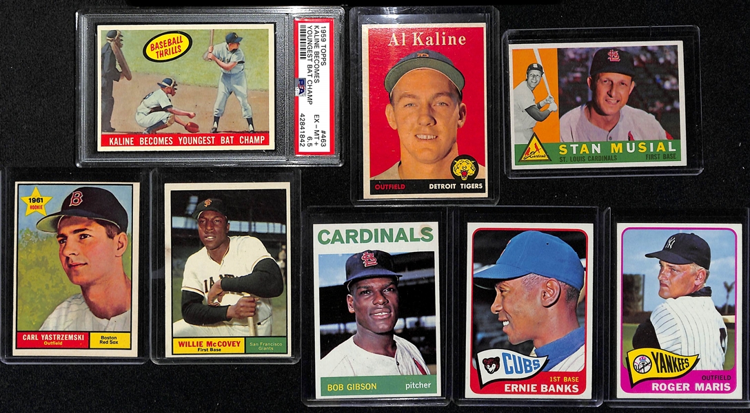 Lot of (150) 1958-1965 Topps Baseball Cards w. 1958 Topps Kaline Becomes Youngest Bat Champ PSA 6.5