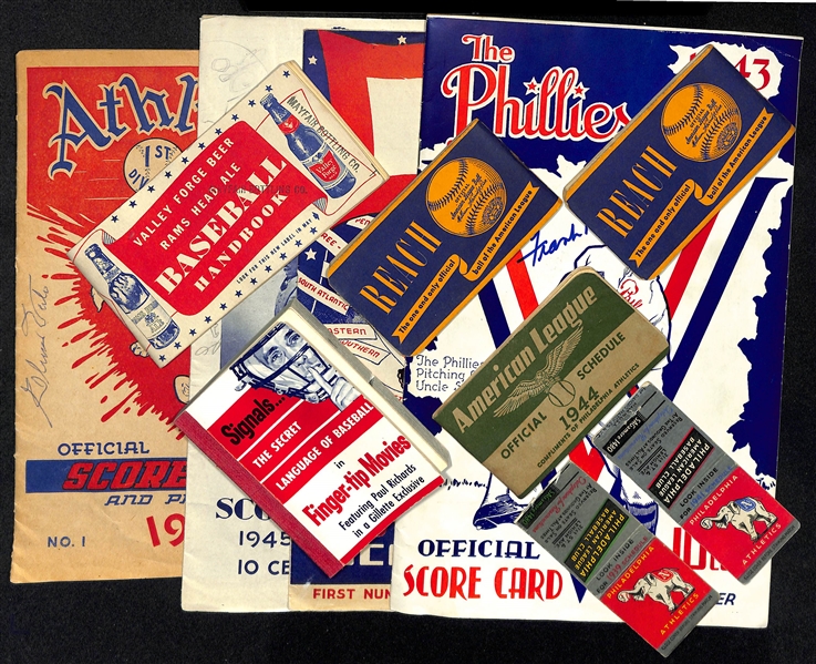 Lot of (4) Signed 1940s Score Cards w. Elmer Valo & (5) Mini Roster Handbooks/Pamphlets/Schedules (JSA Auction Letter)