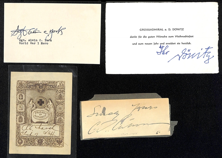 Lot of (4) Vintage Autographs w. Sgt. Alvin York & Grossadmiral Karl Donitz (JSA Auction Letter)