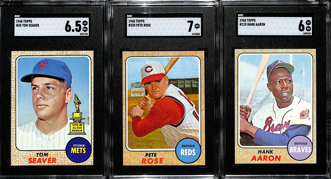 1968 Topps Graded Lot - Tom Seaver #45 (SGC 6.5), Pete Rose #230 (SGC 7), Hank Aaron #110 (SGC 6)