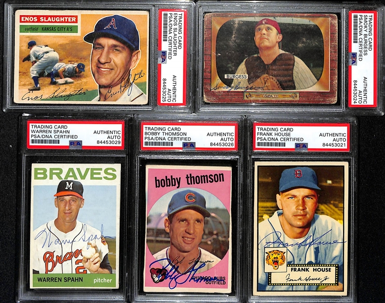 (5) Signed Cards - 1956T Enos Slaughter, 1964T Warren Spahn, 1959T Bobby Thomson, 1955B Smokey Burgess, 1952T Frank House 
