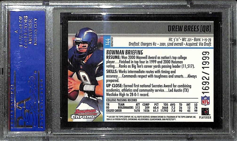 2001 Bowman Chrome Drew Brees #144 Rookie Refractor Grade Graded  PSA 8 (#ed 1692/1999)