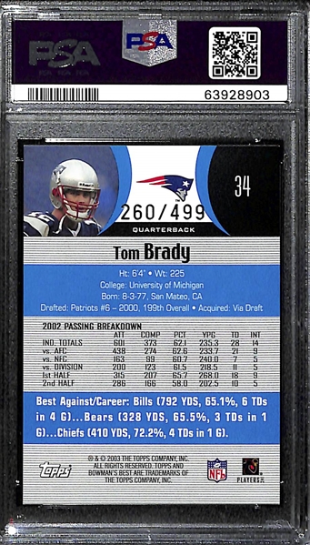 2003 Bowman's Best Tom Brady #34 - Blue Version #ed/499 PSA 9