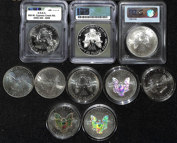 Lot of 10 Troy Ounces of Silver Eagle Coins w. (3) Graded Examples (MS69, MS69, PR69)